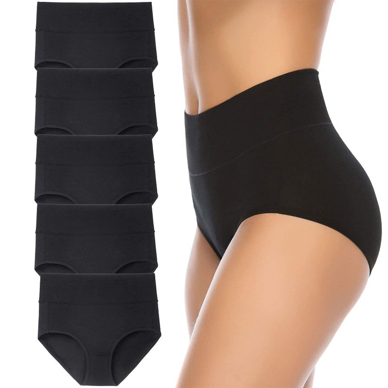 Annenmy Women's High Waist Cotton Underwear Sold Color Comfortable Briefs Panties (Medium, Black, 5-pack) - Image 1
